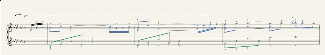 Feedback on the score — the left hand in green, the right hand in blue, a missed note marked red, with fingering numbers above the staff