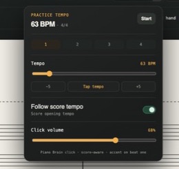 The practice metronome — 63 BPM in 4/4, a tempo slider with tap tempo, a follow-score-tempo switch and click volume