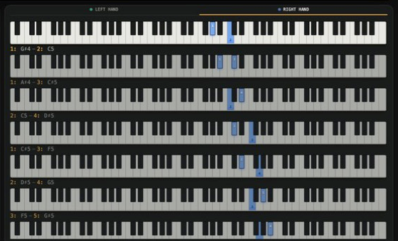 Step-by-step key guidance — each row an 88-key keyboard with the next keys and finger numbers marked, for the left or right hand