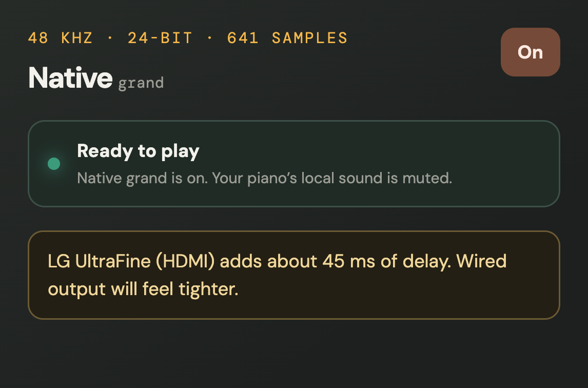 The native grand panel with its gentle latency notice — 'LG UltraFine (HDMI) adds about 45 ms of delay. Wired output will feel tighter.'