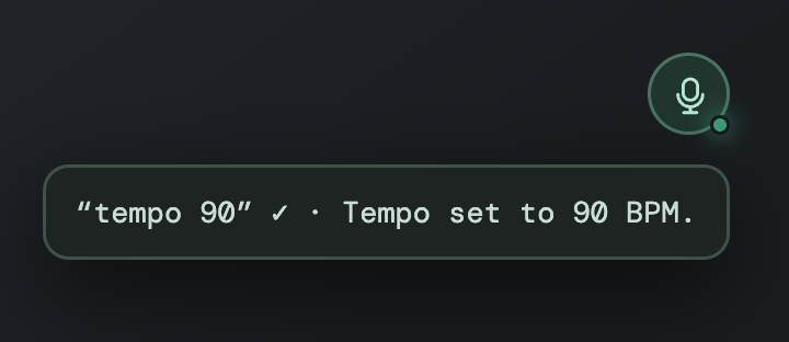 The voice-command microphone listening, with its confirmation chip — 'tempo 90 ✓ · Tempo set to 90 BPM.'