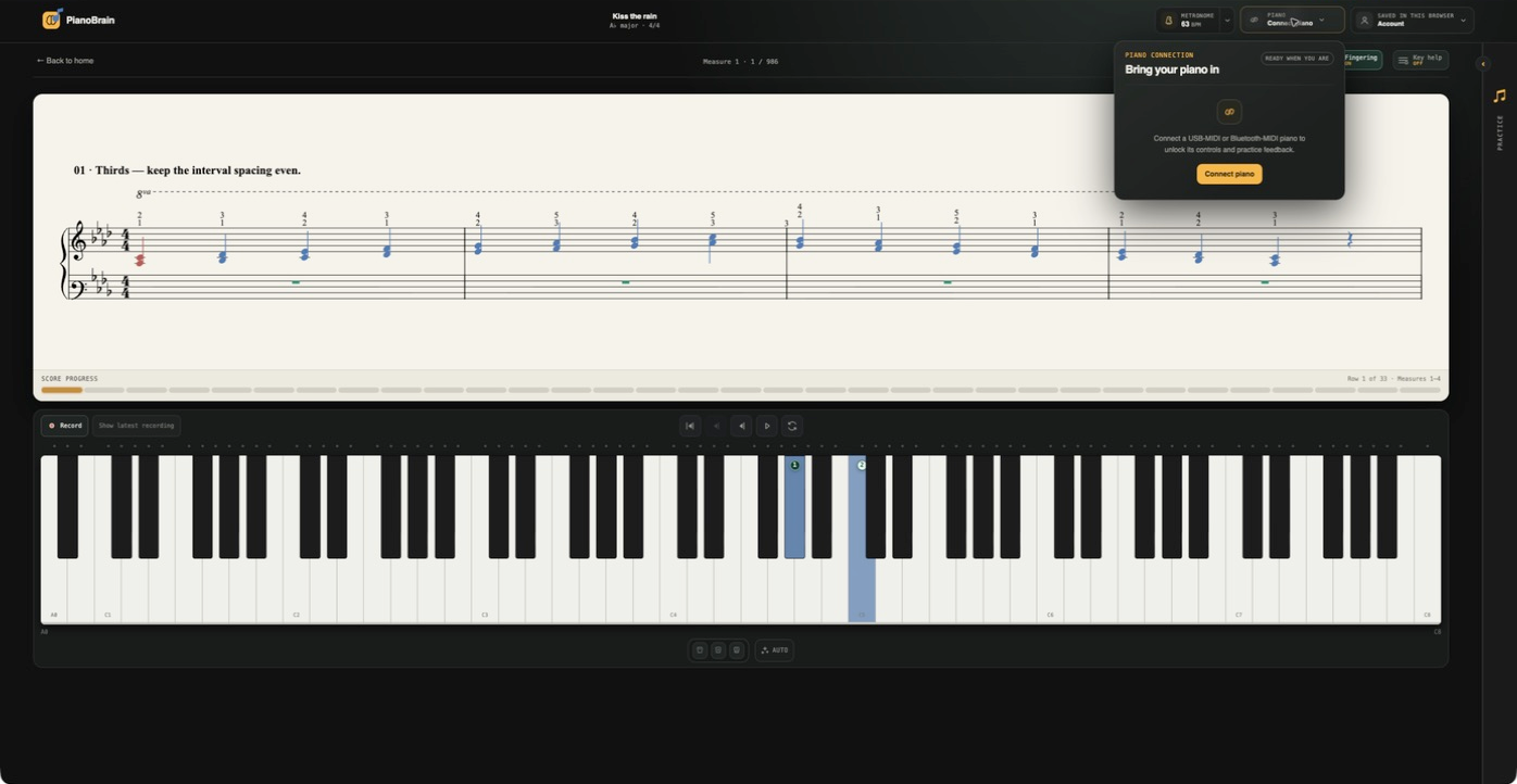 Bringing your piano in — the MIDI connection panel over the practice view