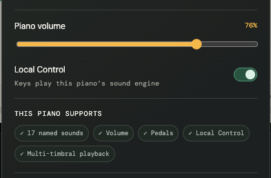 Piano volume and the Local Control switch — 'keys play this piano's sound engine' — with the features this piano supports
