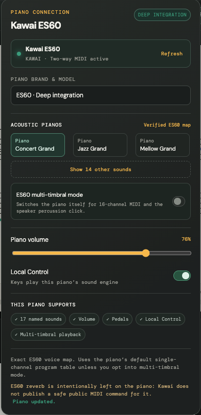 A connected Kawai ES60 — PianoBrain speaks your piano's language, bringing in its named voices, volume and Local Control