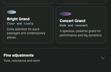 Fine adjustments on the built-in piano — tone, resonance and room — below the Bright and Concert grand presets