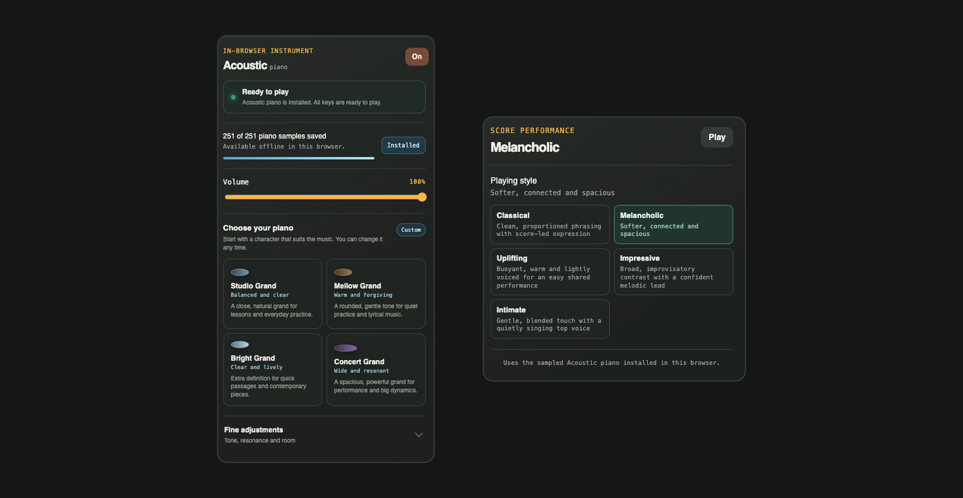 The sound of PianoBrain — the built-in acoustic piano with its four grand presets, beside the playing-style picker for score performance