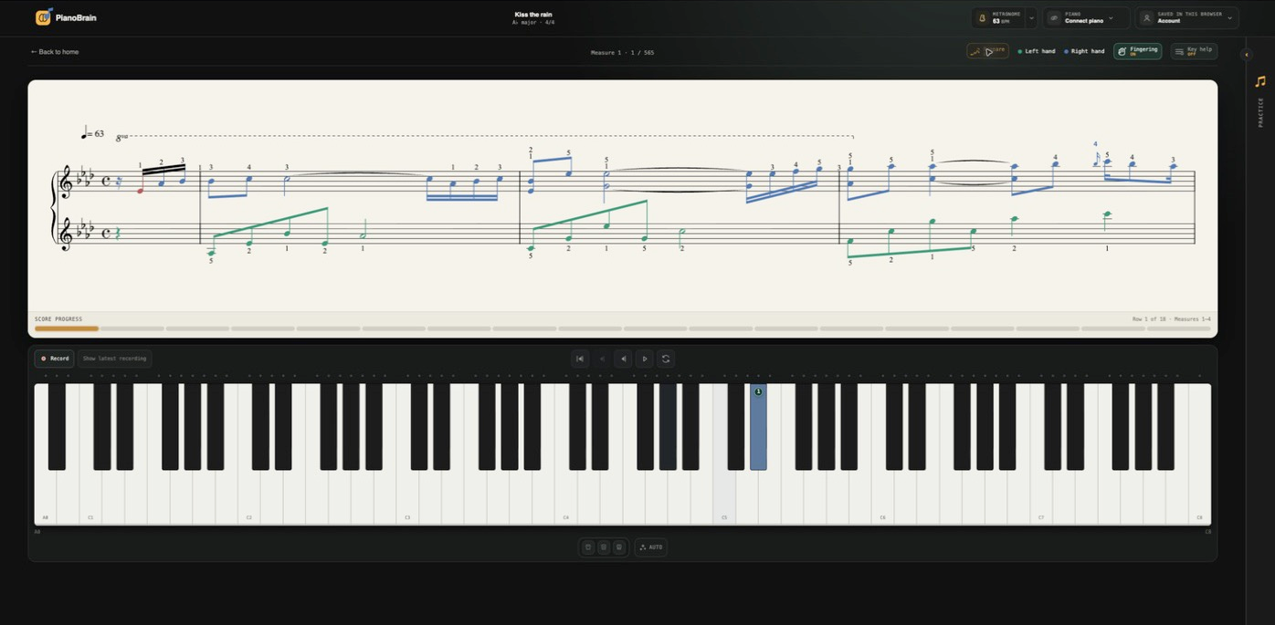 The same practice surface, on the Mac — the score, your progress, and the keyboard in one window