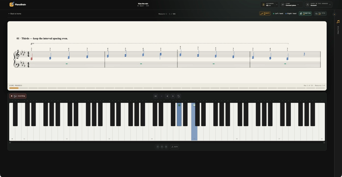 Prepare mode — a practice set built from your piece, on the score with the keyboard below