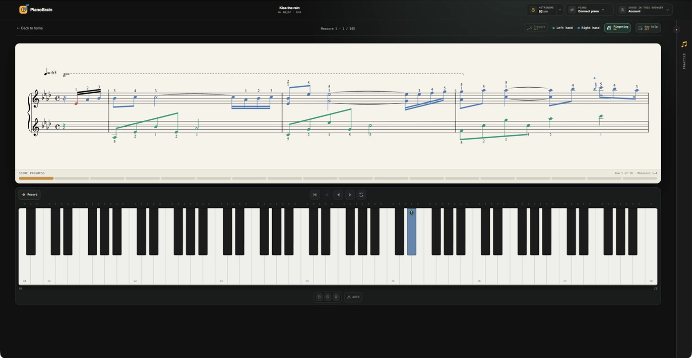 The full practice view — the whole score page on top, the 88-key keyboard below